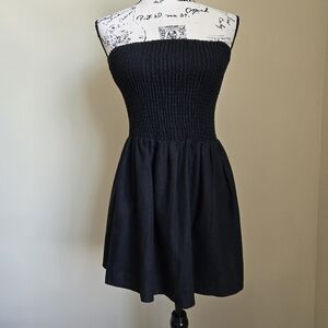Meshki Holland Linen Shirring Mini Dress Womens S Black Strapless Smocked